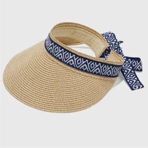 Sea & Grass Straw Visor Navy Blue Ribbon Trim Sun Hat FabFitFun NEW